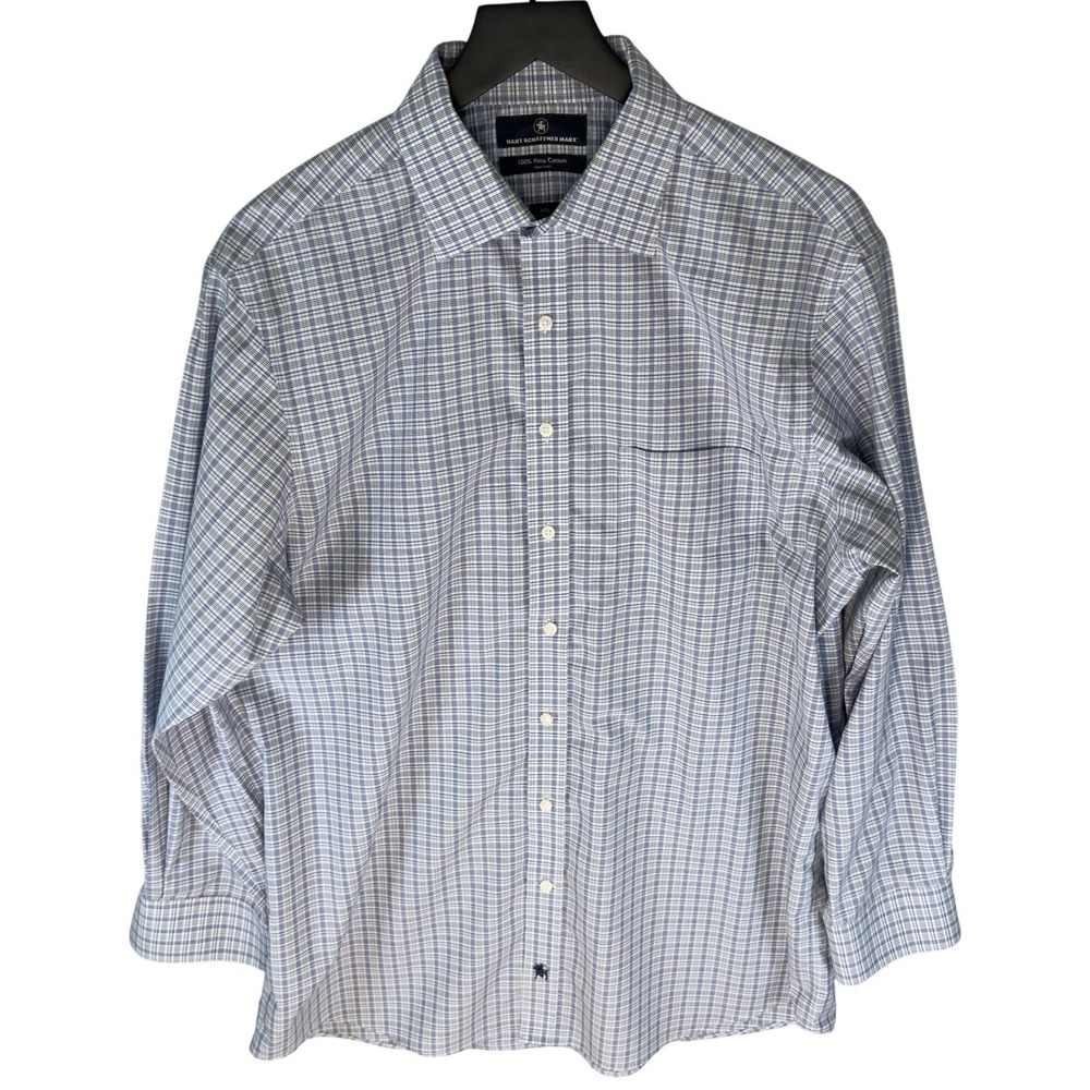 Hart Schaffner Marx Pima Cotton Plaid Dress Shirt Blue White 16.5 33 Non-Iron